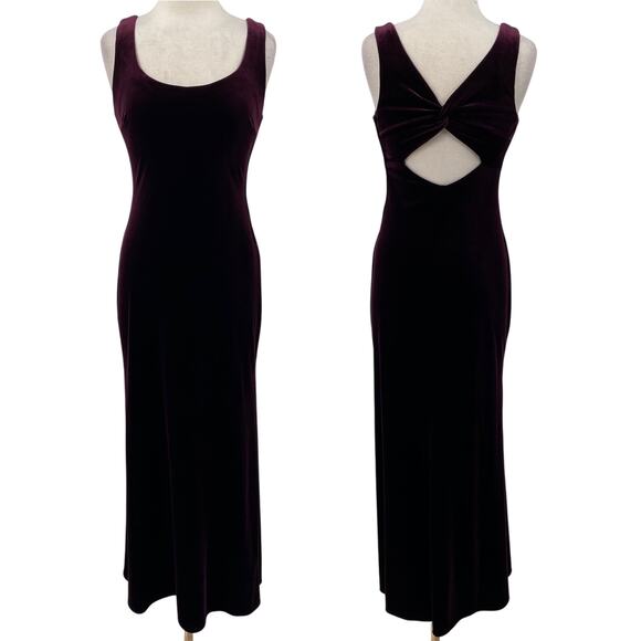Vintage 90s Velvet Gown Maxi Dress Stretchy Twist Open Cut out Back Purple 8 - Picture 1 of 9